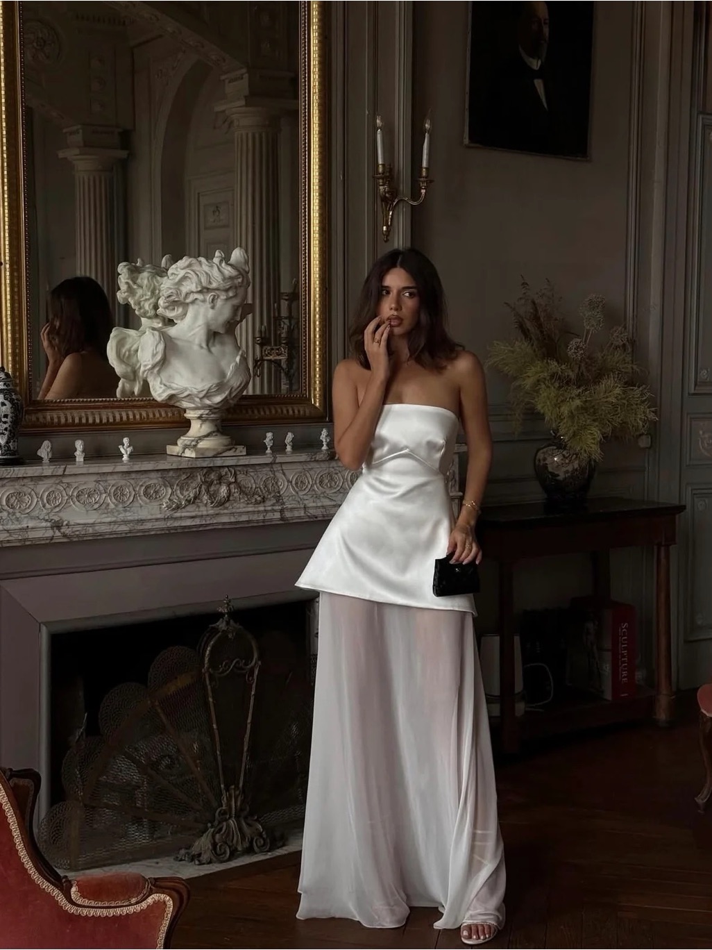 Strapless White Satin & Sheer Evening Gown